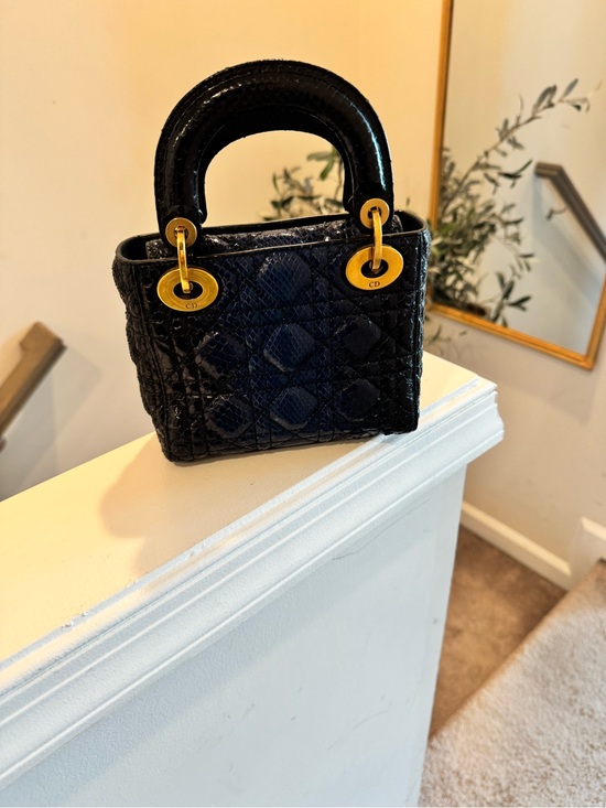 Dior Handbags - Navy Blue Lizard Skin Mini Lady Dior with Gold Hardware